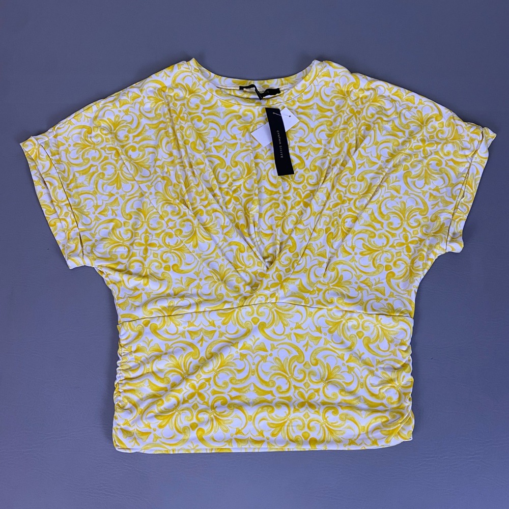 Cynthia Steffe Blouse Top Lemon Zest Yellow Damask Ruched Short Sleeve Large NWT